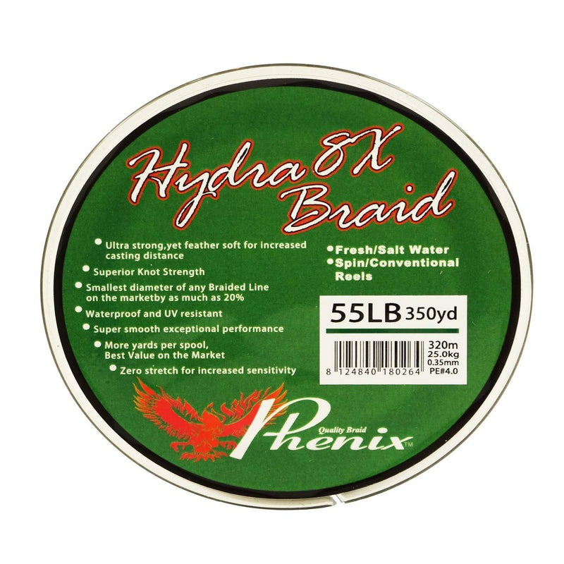 Phenix Hydra 8X Braided Fishing line Spectra 55lb 350yd Green - BeesActive Australia