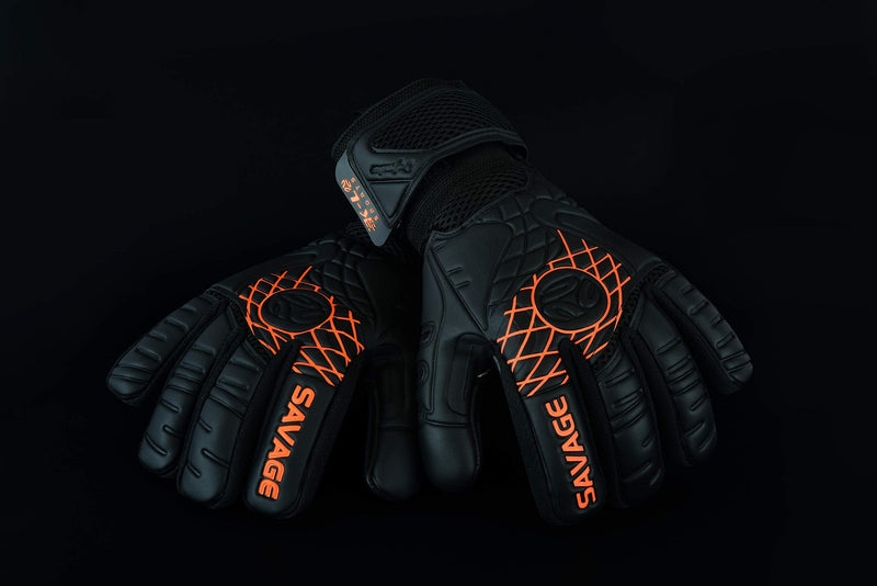 K-LO Fingersave Goalkeeper-Soccer Goalie Gloves- Savage Blackout-Professional Extra Precision Grip, German Latex Build-Negative Cut, Inside Silicone Gel, Non-Slip-Youth-Kids + Adult Sizes-Black Black and Orange 5 - BeesActive Australia