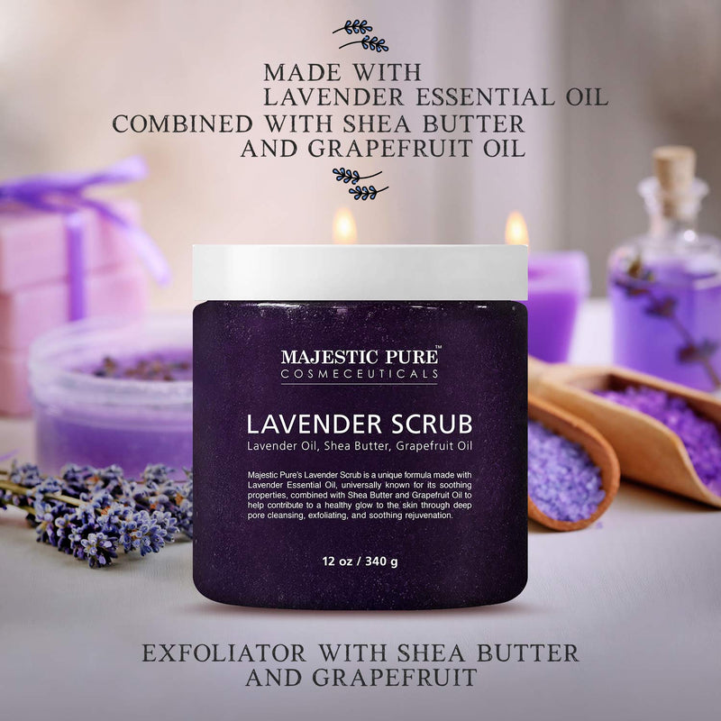 Lavender Oil Body Scrub Exfoliator with Shea Butter and Grapefruit Oil by Majestic Pure - Exfoliate & Moisturize Skin, Fights Acne - 12 oz - BeesActive Australia