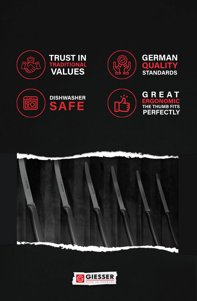 Giesser since 1779, Made in Germany, serrated Utility kitchen knives round tip dishwasher safe 4.5 inch - paring knife, Tomato knife, black steak knives set of 6, restaurant knife - BeesActive Australia