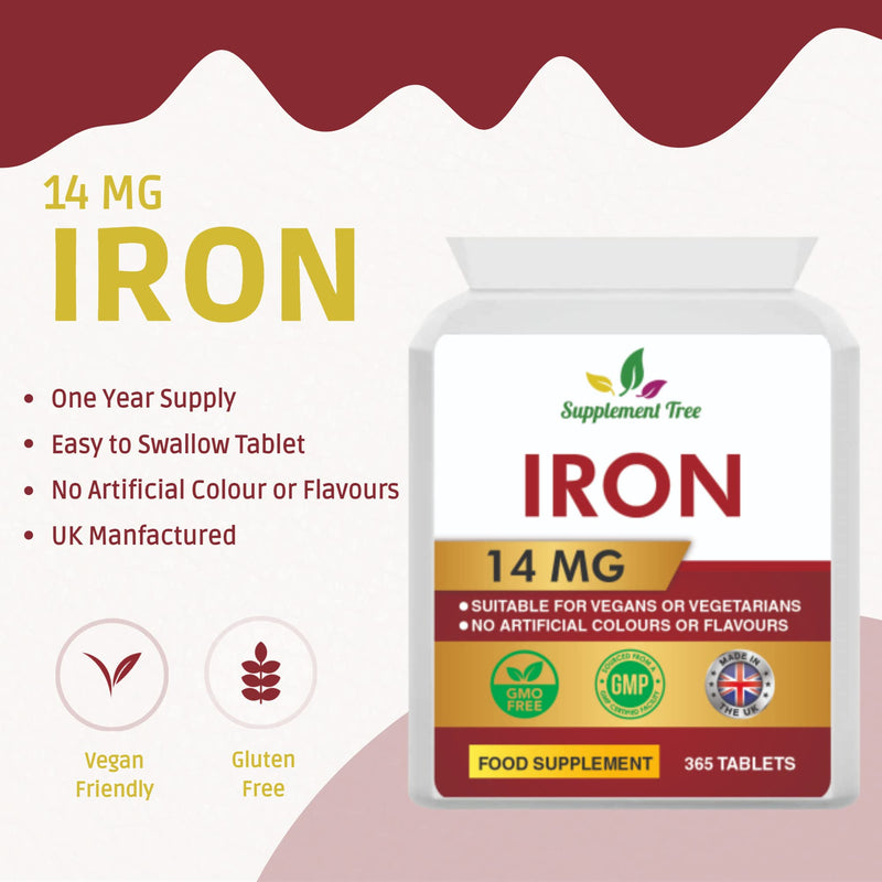 Iron Tablets High Strength 14mg | 365 Vegan Tablets (One Year Supply) | Contributes to The Reduction of Tiredness & Fatigue | Iron Supplements for Men & Women | Easy to Swallow Iron Pills | UK Made - BeesActive Australia