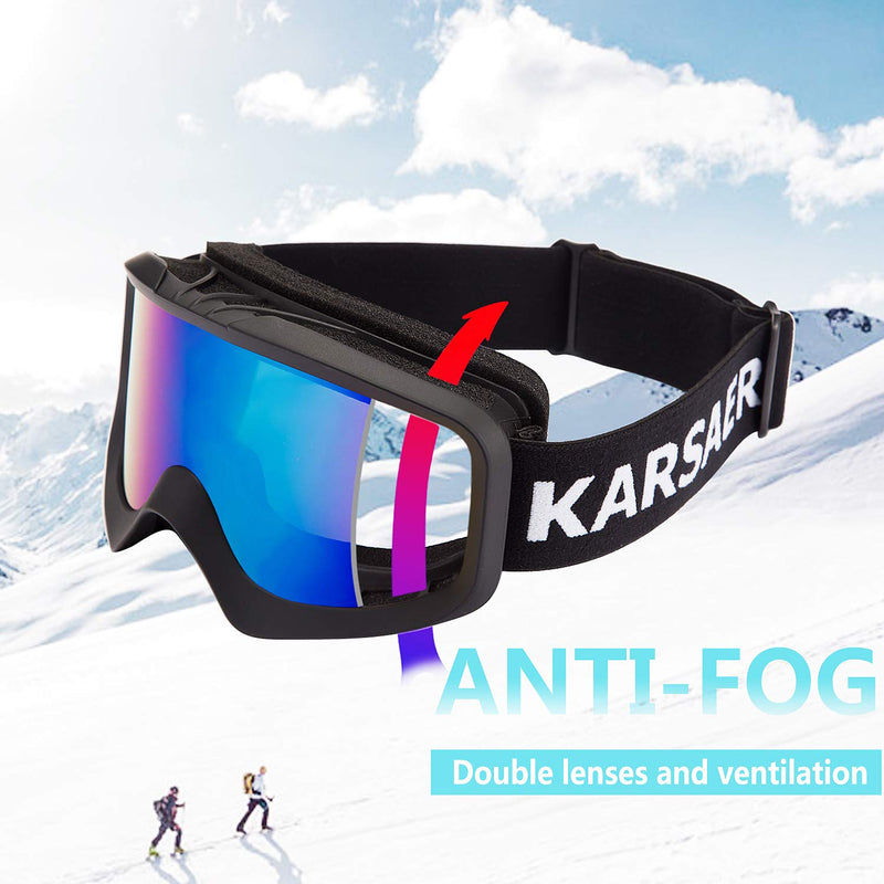 Karsaer Ski Goggles Anti-Fog Snow Goggles OTG 100% UV Protection Snowboard Goggles Bendable Dual-Lenses for Men Women Youth Matte Black Frame Green Mirrored Lens Vlt 18% - BeesActive Australia