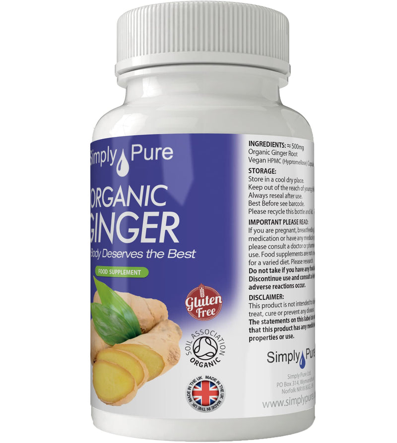 Simply Pure Organic Vegan Ginger Capsules x 90, 500mg, 100% Natural Soil Association Certified, Gluten Free and GM Free - BeesActive Australia