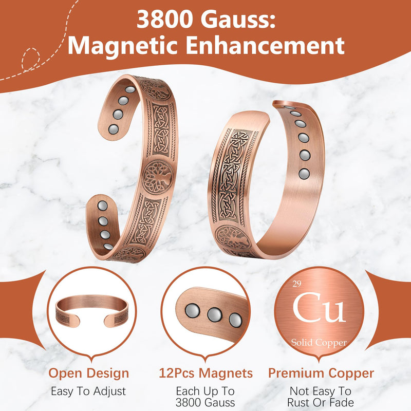 Jeracol Copper Bracelets for Men Women,Tree of Life and Celtic Knot Design Copper Magnetic Bracelets Cuff Bangle with 12pcs Powerful Magnets(Each 3800 Gauss), Brazaletes Jewelry with Gift Box Copper 3tree - BeesActive Australia