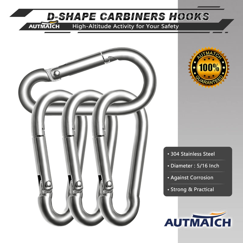 AUTMATCH Carabiner Clips, 3" Spring Snap Hook Caribeener Clips Buckle Heavy Duty Locking Carabiners Chain Quick Links for Camping, Fishing, Hiking, Traveling Etc, 4 Pack M8 - 5/16" (8 X 80mm) Stainless Steel - Silver - BeesActive Australia