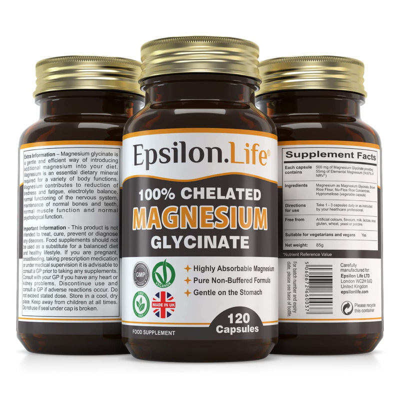Epsilon Magnesium Glycinate - Chelated Magnesium Bisglycinate Supplement - 120 Easy to Take Vegan Capsules - BeesActive Australia