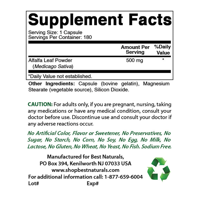 Best Naturals Alfalfa Green Super Food 500 mg 180 Capsules (180 Count (Pack of 1)) 180 Count (Pack of 1) - BeesActive Australia
