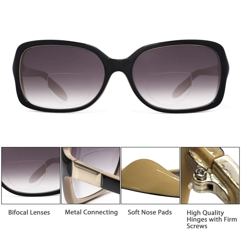 JM Classic Bifocal Reading Glasses Square Stylish Gradient Sunglasses Readers for Women 2 Pack, Black&tortoise 1.0 x - BeesActive Australia