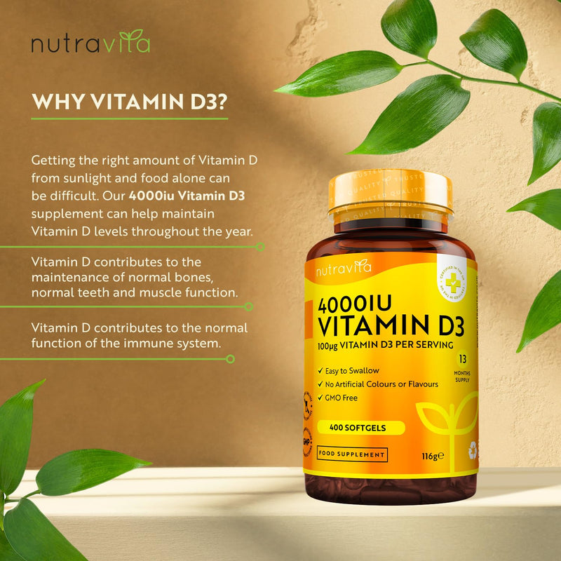 Vitamin D3 4000 iu - 400 High Strength Easy to Swallow Premium Softgels - Over A Year's Supply (One a Day) - Max Strength Vitamin D3 Cholecalciferol Supplement - Manufactured in The UK by Nutravita - BeesActive Australia