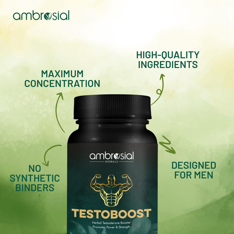 Ambrosial Testoboost Ultra Premium Herbal Testosterone Booster for Men | Blend of 3 Natural Herbs Testosterone Supplements for Men | Support Muscle Growth & Energy Boost (Pack of 1-60 Capsules) Pack of 1- 60 Capsules - BeesActive Australia