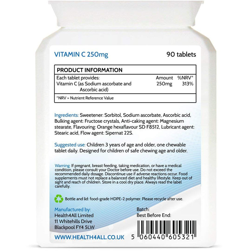 Kids Vitamin C 250mg 90 Tablets (V) . Vegan Chewable Vitamin C Tablets for Children 3+. Made in The UK by Health4All 90 Count (Pack of 1) - BeesActive Australia