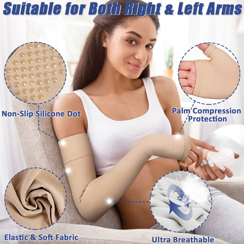 Beister Lymphedema Medical Compression Arm Sleeve with Gauntlet for Men & Women (Single), 20-30 mmHg Full Arm Support with Dot Silicone Band, Graduated Compression Arm Brace for Swelling, Arthritis Beige Medium - BeesActive Australia