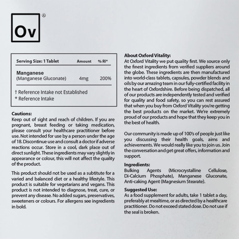 Manganese Supplement | 4mg Tablets for Cartilage and Bone Health | Oxford Vitality 14 Count (Pack of 1) - BeesActive Australia
