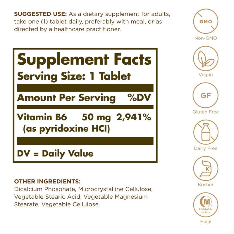 Solgar Vitamin B6 50 mg Tablets - Pack of 100 - Metabolism and Immune Support - Balanced Hormones and Red Blood Cell Formation - Vegan and Gluten Free - BeesActive Australia