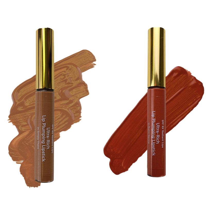 Lip Plumping Color Set: 2 Lip Plumping Lipstick in Vivid Matte Colors (in Burnt Sienna & Simply There Nude); Each w/Plumping Peptides & Hyaluronic - 2pack (1 of each 0.17oz application wand bottles) 2 Pack BurntSienna/SimplyThere - BeesActive Australia