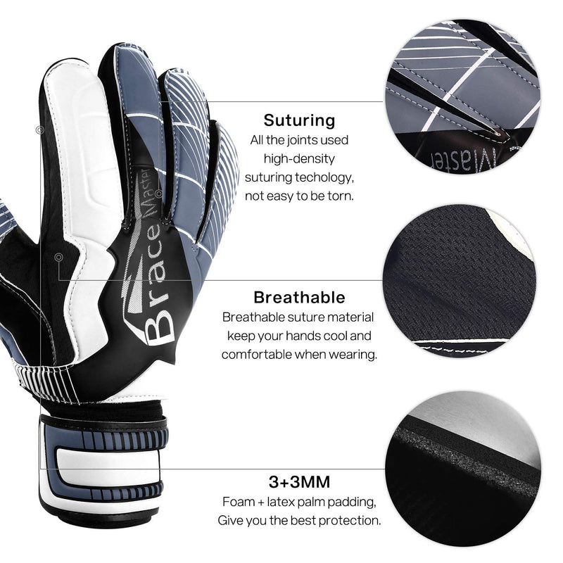 Brace Master Goalie Gloves for Youth & Adult, Goalkeeper Gloves Kids with Finger Support, Soccer Gloves for Men and Women, Junior Keeper Football Gloves for Training and Match 9 Black-White - BeesActive Australia