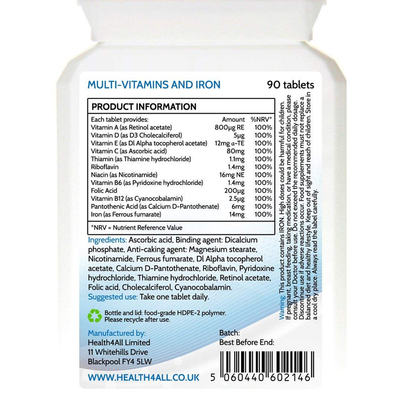 Multivitamins & Iron One a Day 90 Tablets . 100% RDA. Made in The UK by Health4All 90 Count (Pack of 1) - BeesActive Australia