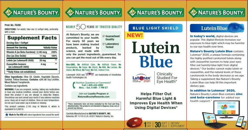 Nature's Bounty Lutein Blue Pills, Eye Health Supplements and Vitamins with Vitamin A and Zinc, Supports Vision Health, 30 Softgels 30 Count - BeesActive Australia