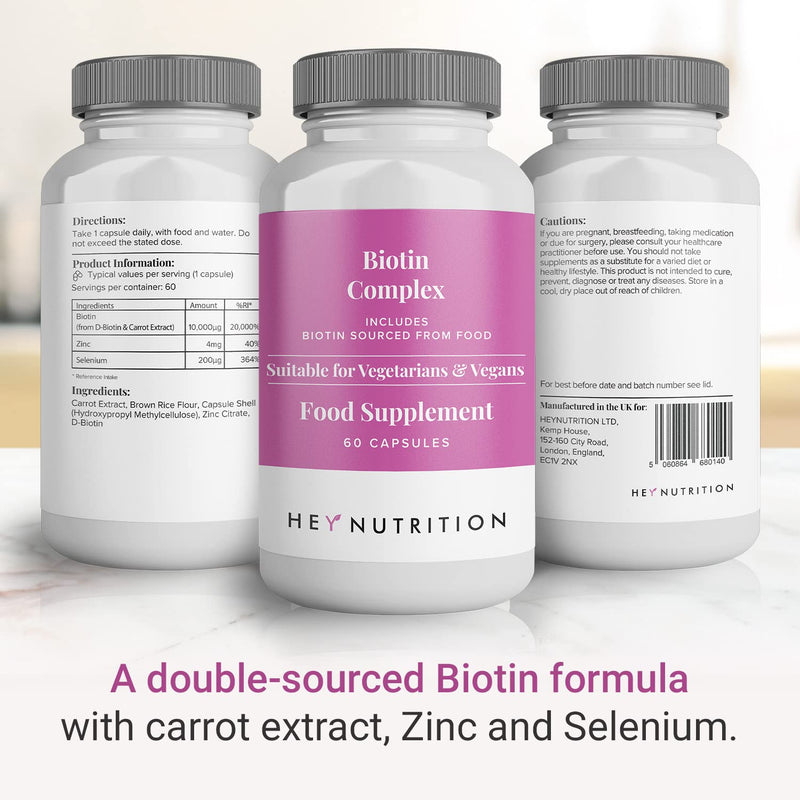Hey Nutrition Biotin Complex Supplement - Biotin, Selenium, and Zinc - Supports Hair, Nails & Skin - Promotes Immune Health - No Artificial Flavours, Non-GMO & Dairy-Free - 60 Vegan Capsules - BeesActive Australia