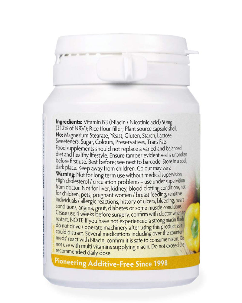 Vitamin B3 Niacin/Nicotinic Acid (Flush Effect) 50mg 90 Capsules, Magnesium Stearate Free & No Nasty Additives, Made in Wales (90 caps) 90 caps - BeesActive Australia