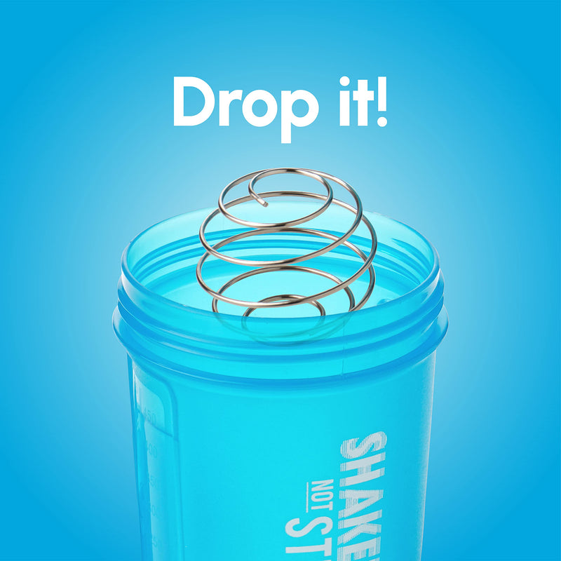 Shake That Weight 450ml Protein Shaker - Blue - With Storage Attachment For Protein and Diet Shake Powder, Wire Ball Mixer, Bag Attachment Loop - BeesActive Australia