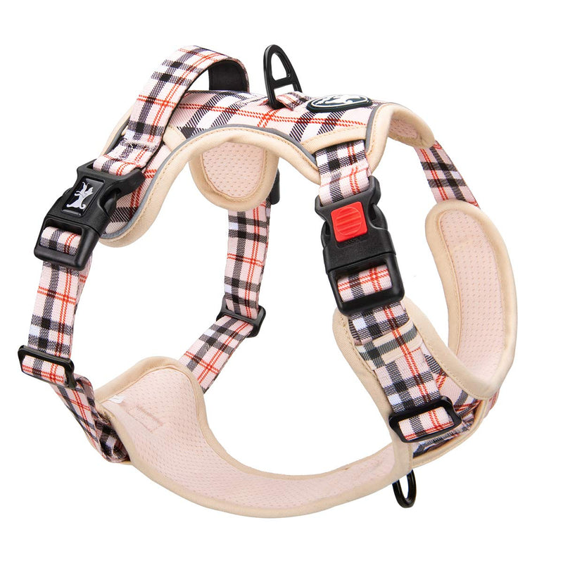 PoyPet No Pull Dog Harness, [Release at Neck] Reflective Adjustable No Choke Pet Vest with Front & Back 2 Leash Attachments, Soft Control Training Handle for Small Medium Large Dogs S Checkered Beige - BeesActive Australia