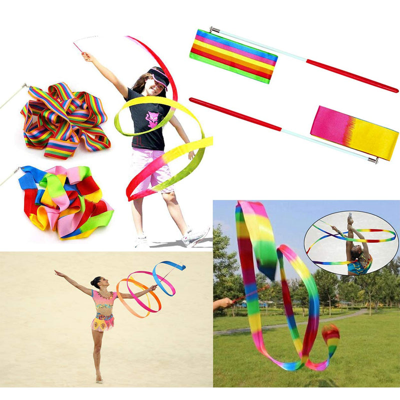 Dance Ribbons Rainbow Streamers Rhythmic Gymnastics Ribbon Baton Twirling Wands on Sticks 2pc for Kids Artistic Dancing - BeesActive Australia
