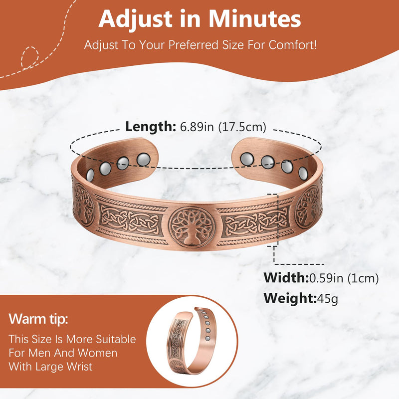 Jeracol Copper Bracelets for Men Women,Tree of Life and Celtic Knot Design Copper Magnetic Bracelets Cuff Bangle with 12pcs Powerful Magnets(Each 3800 Gauss), Brazaletes Jewelry with Gift Box Copper 3tree - BeesActive Australia
