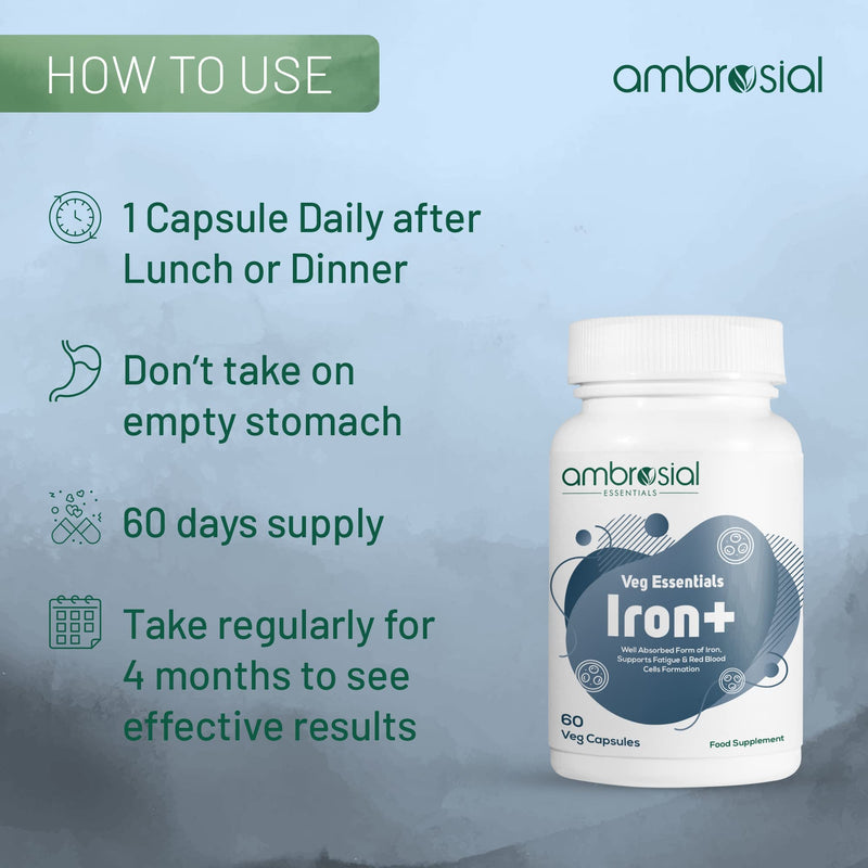 Ambrosial Iron Tablets High Strength 25mg| Iron Supplements for Women & Men Blood Support & Helps Reduce Tiredness & Fatigue | Enhanced Absorption & Non - Constipating (Pack of 1-60 Capsules) - BeesActive Australia