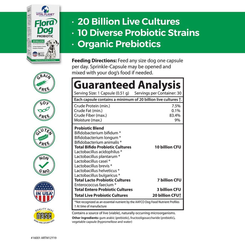 Vital Planet - Flora Dog Capsules Probiotic Supplement with 20 Billion Cultures and 10 Strains, High Potency Immune and Digestive Support Probiotics for Dogs, 30 Delayed Release Capsules - BeesActive Australia