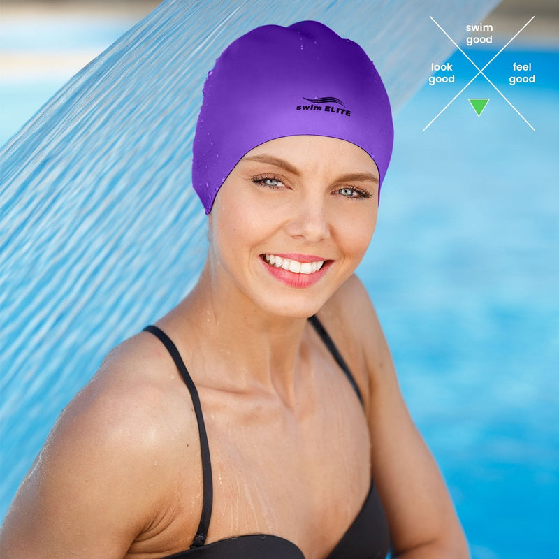 Reversible Silicone Swim Cap, Waterproof 2-in-1 Swimming Caps for Men and Women with Carry Bag, Flexible Adult Swimmers Cap for Short and Medium Length Hair Pink/Purple - BeesActive Australia