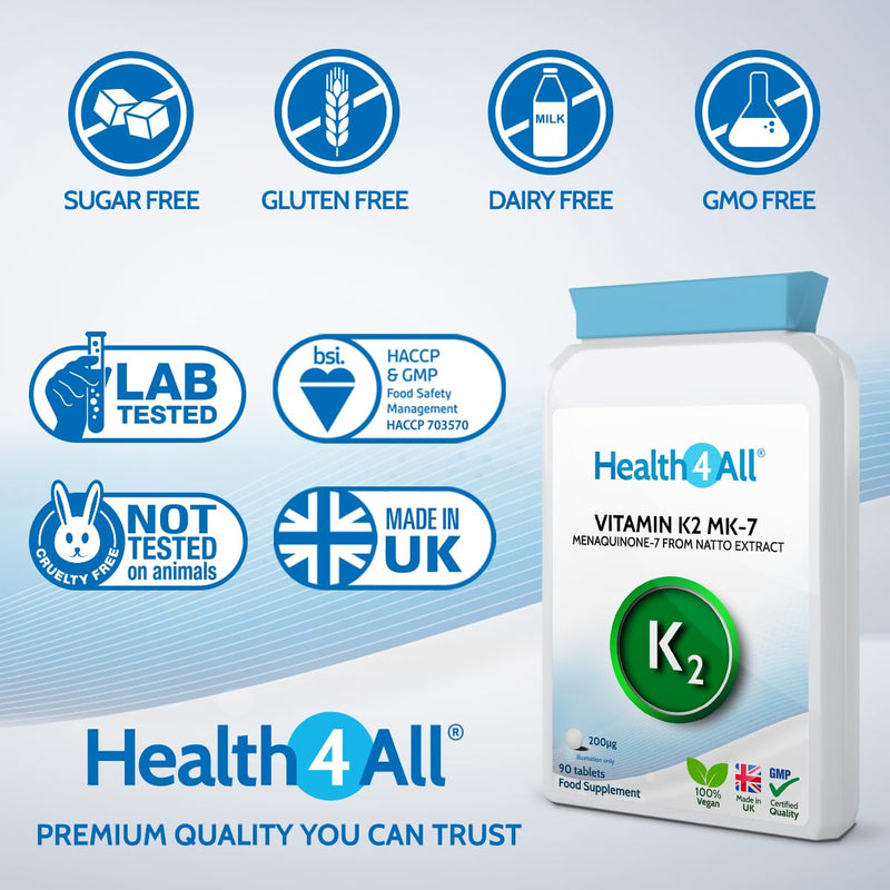 Health4All Vitamin K2 MK7 200mcg 90 Tablets (V) Natural Vegan MK7 from Natto Beans Fermentation. High Strength k2mk7 Tablets (not Capsules) K2 Vitamin Supplements. VIT K2 mk7 90 Count (Pack of 1) - BeesActive Australia