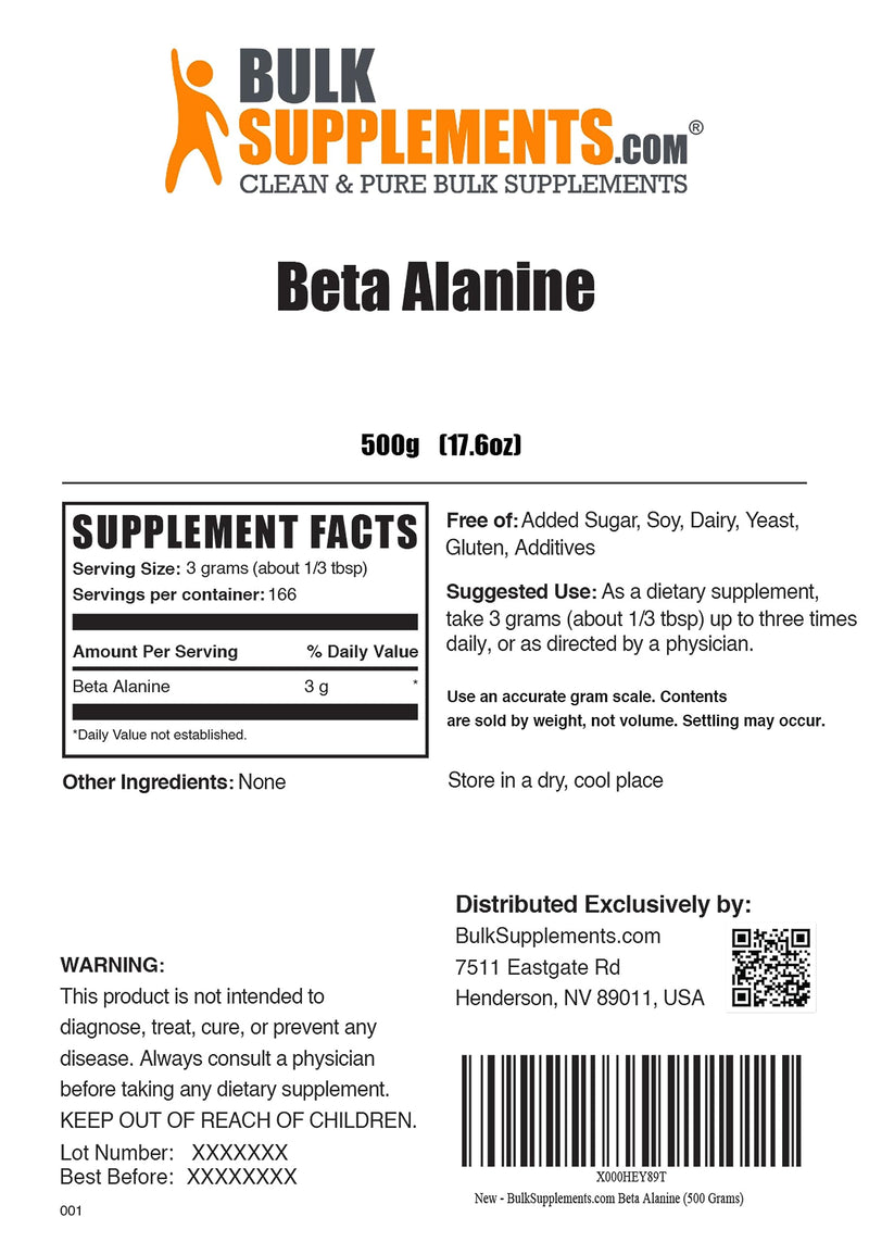 BULKSUPPLEMENTS.COM Beta Alanine Powder - Beta Alanine Pre Workout, Beta Alanine 3000mg - Beta Alanine 500g, Beta Alanine Bulk - Unflavored, Pure & Gluten Free, 3g per Serving, 500g (1.1 lbs) 1.1 Pound (Pack of 1) - BeesActive Australia