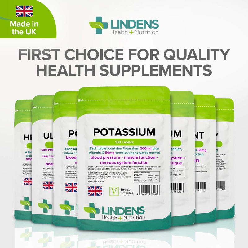 Lindens Potassium 200mg Tablets with 50mg Vitamin C - 100 Tablets - Contributes to Normal Blood Pressure, Muscle Function and Nervous System Function - UK Manufacturer, Letterbox Friendly 100 Count (Pack of 1) - BeesActive Australia