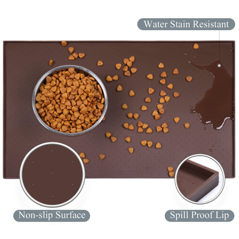 Vivaglory Pet Food Mat 24" L x 16" W or 19" L x 12" W, Waterproof Non-Slip Food Grade Silicone Mat with Raised Edge, Anti-Messy Dog Bowl Mat for Food and Water for Dogs Cats M: 19" x 12" Chocolate - BeesActive Australia