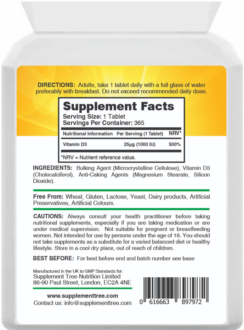 Vitamin D 1000IU 365 Vegetarian Tablets | Optimum Strength Cholecalciferol Vitamin D3 Supplement | UK Manufactured - BeesActive Australia