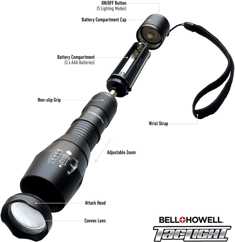 TACLIGHT FLASHLIGHT As Seen On TV Set of 3 by Bell and Howell LED Tactical Flash light Shock Water Resistant Military Grade Ultra Bright with 5 Modes and Zoom Function (40x Brighter) Black - BeesActive Australia