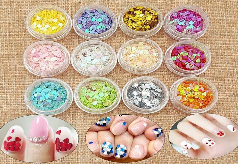 YesLady Nail Art Charms Sequin Heart Shape Glitter Slime Flakes For Nail Face Eye Slime 12 colors 12 Colors Heart Shape Sequin - BeesActive Australia