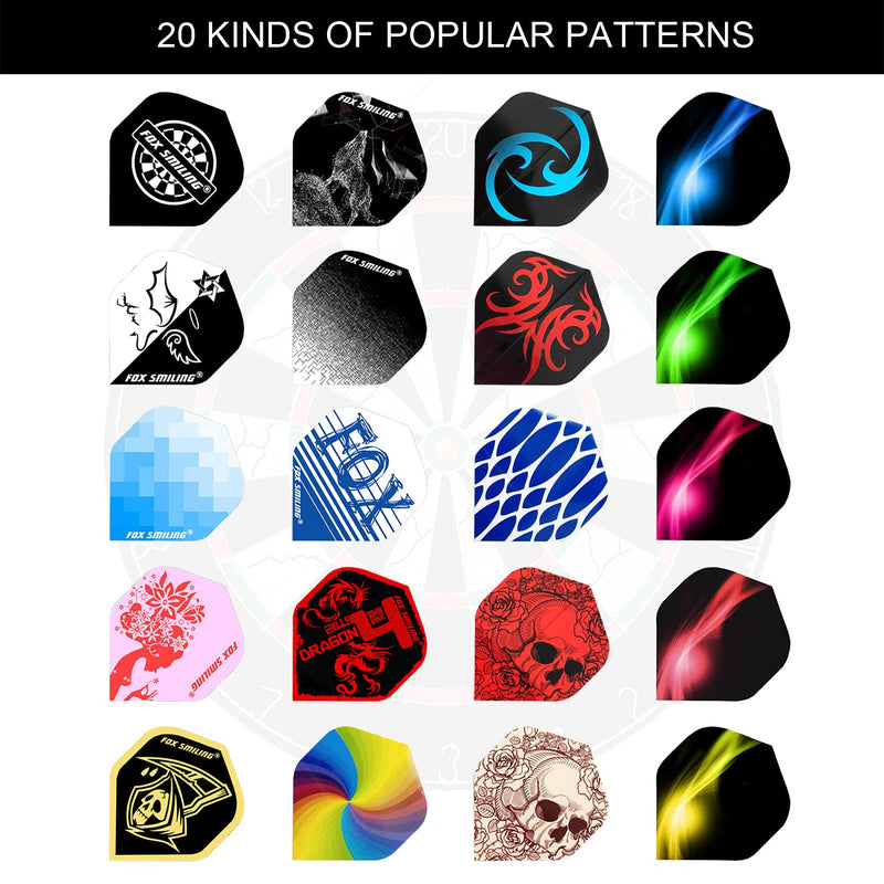 FOX SMILING Dart Flights Accessories Kit, 120PCS(20 Designs) Standard Shape Durable PET Replacement Skull Dart Feather Tail Wing for Steel Tip Dart and Soft Tip Darts - BeesActive Australia