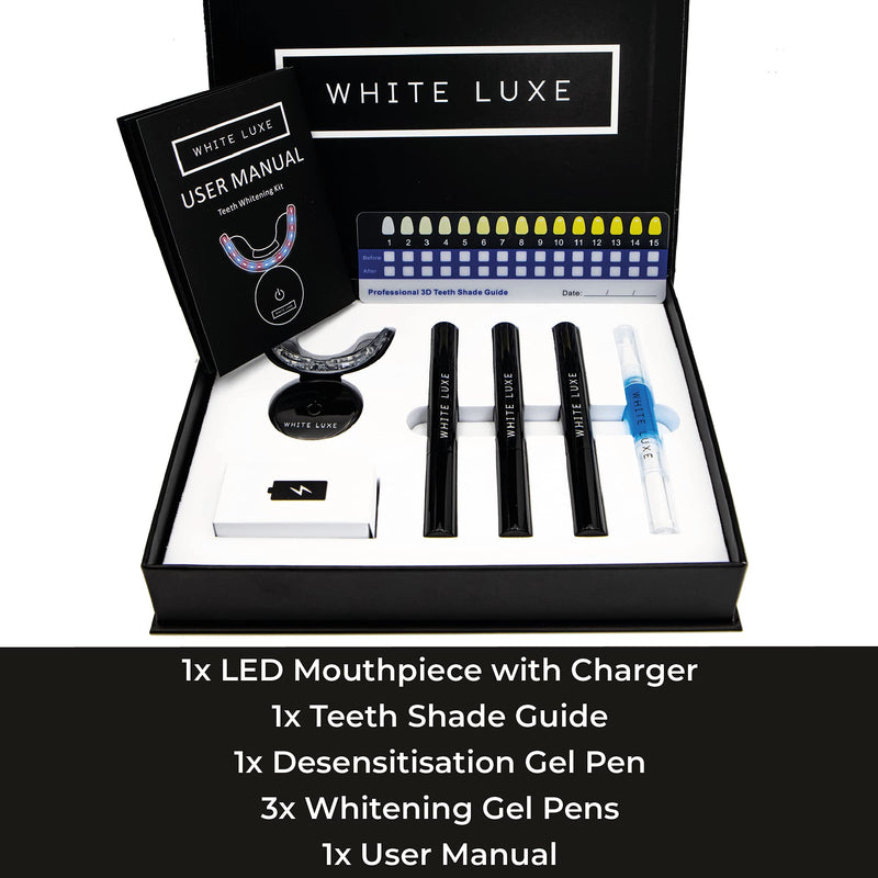 White Luxe Professional Teeth Whitening Kit for Sensitive Teeth with 2 Mode LED Mouthpiece - Peroxide Free & Vegan - Home Teeth Whitening Gift Box - BeesActive Australia