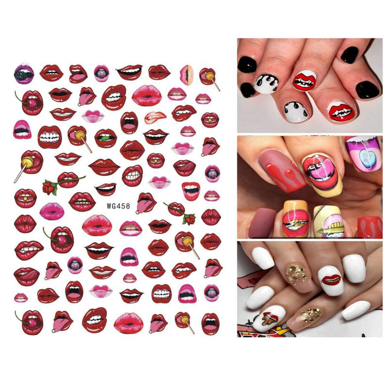 6 Sheets Valentine's Day Nail Art Stickers - 3D Nail Self-adhesive Decals-Heart Lips pattern Designs - Heart Nail Stickers For Women Girls Kids - Lips Nail Decals - Nail Sticker for Nail Decor - BeesActive Australia