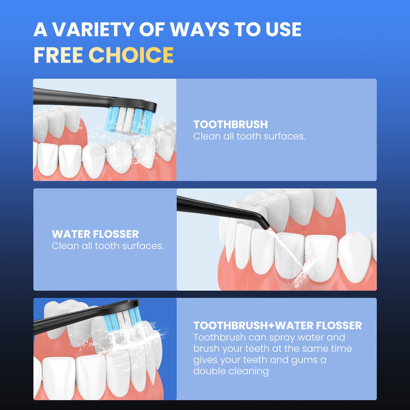 Water Dental Flosser with Electric Toothbrush, One Switch Between Tooth Brush & Water Floss, 3 in 1 Teeth Cleaning Kit with 4 Modes, Water Flosser Portable for Travel and Home (Black) Black - BeesActive Australia