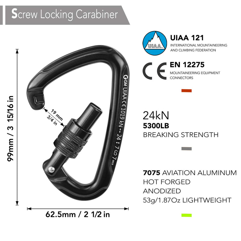GM CLIMBING Screwgate Locking Carabiner CE UIAA Certified Heavy Duty for Rock Climbing Mountaineering Rigging Belaying Caving Lightweight Outdoor Equipment Pack of 2 Pack of 2 (Black) - BeesActive Australia