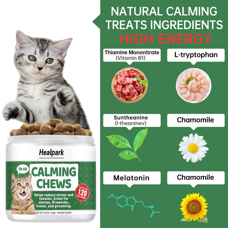 Healpark Cat Calming Treats for Anxiety and Stress - Storm Anxiety, Сomposure, Grooming, Separation, Travel, Sleep - Calming Aid for Cats with Melatonin, L-Theanine, Vitamin B1, Chamomile - 120 Chews - BeesActive Australia