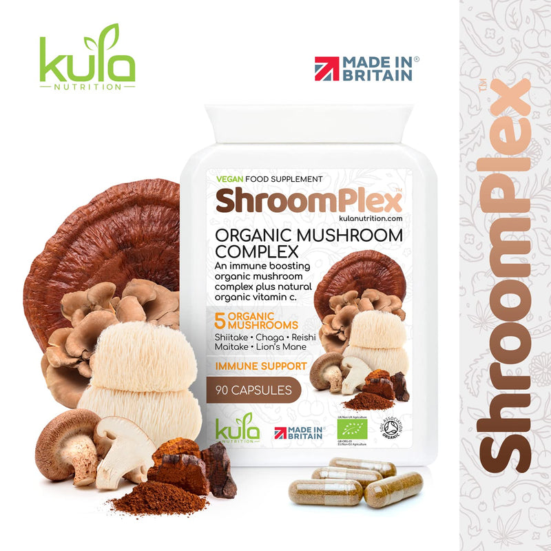 ShroomPlex Organic Mushroom Complex - Immune Boosting Mushroom Blend - 90 High Strength Vegan Capsules with Lions Mane, Shiitake, Chaga, Maitake and Reishi - Plus Organic Black Pepper & Vitamin C 1 Count (Pack of 1) - BeesActive Australia
