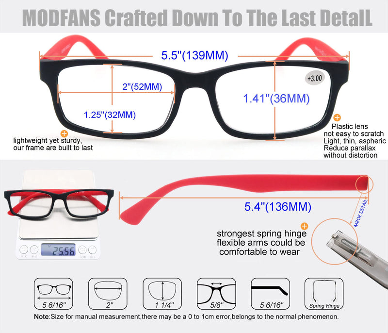 MODFANS Reading Glasses 1.25 Men Women 3 Pack,Rectangular Clear Lens Comfort Spring Hinge Eyeglasses,Stylish Lightweight Plastic Readers with Pouch Black-Blue-Red +1.25 Black-red-blue - BeesActive Australia