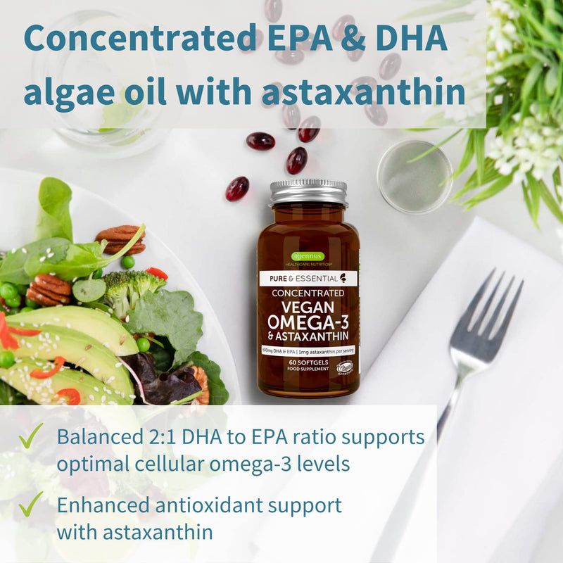 Vegan Omega 3 Algae Oil & Astaxanthin, 1344mg Omega 3, 60 Softgels, EPA & DHA 600mg Omega 3 Fatty Acids Supplements, Pure & Sustainable Algae Oil Omega-3, 30 Servings, by Igennus 60 Count (Pack of 1) - BeesActive Australia