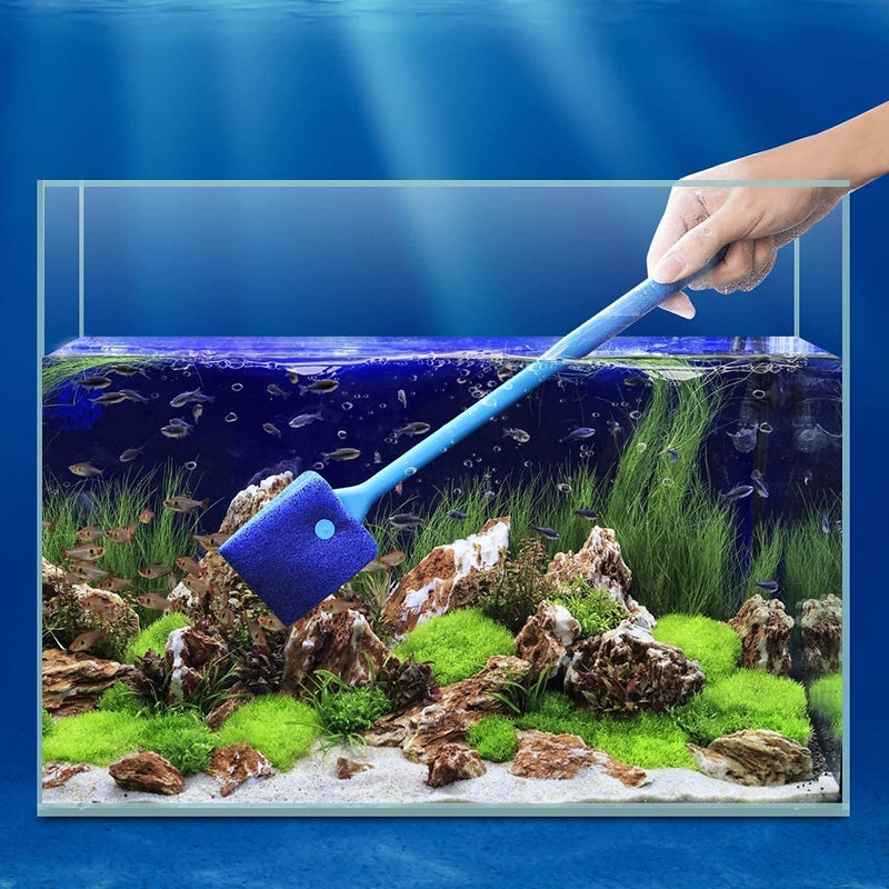 Quluxe 15.74 Inch Aquarium Algae Scraper Double Sided Sponge Brush Cleaner, Long Handle Fish Tank Scrubber for Glass Aquariums and Home Kitchen- Blue - BeesActive Australia