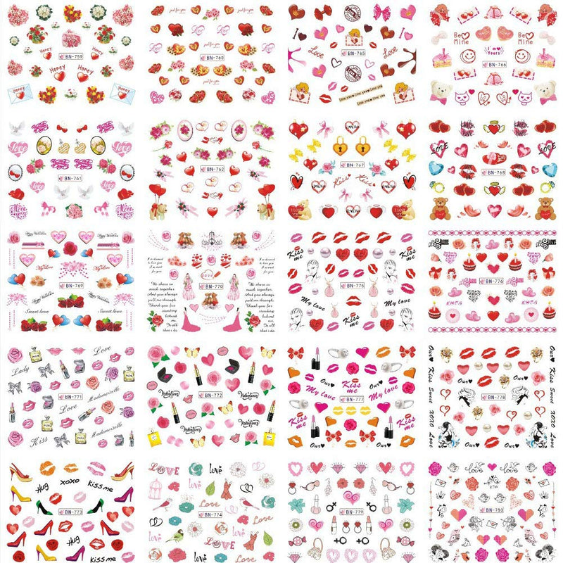 Lookathot 3Sheets/36Styles Valentine's Nail Art Stickers Decals Love Heart Rose Lipstick Red Lips High Heels Design Pattern Water Sky Star Foil Paper Printing Transfer DIY Decoration Tools Accessories - BeesActive Australia