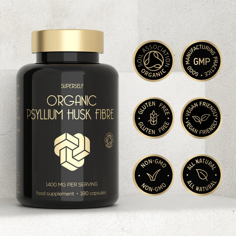 Organic Psyllium Husks Capsules 1400mg - Fibre Supplement for Men & Women - Pure Psyllium Husk Powder - 180 Tablets - High in Soluble Fiber - Certified Organic - Natural Prebiotic from Ispaghula Husk - BeesActive Australia